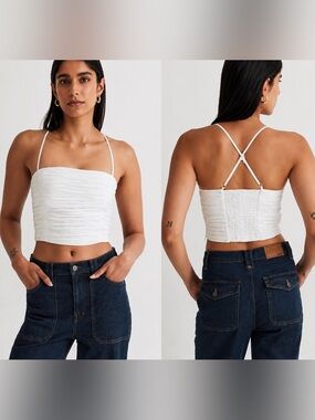 Madewell White Pleated Poplin Crop Top